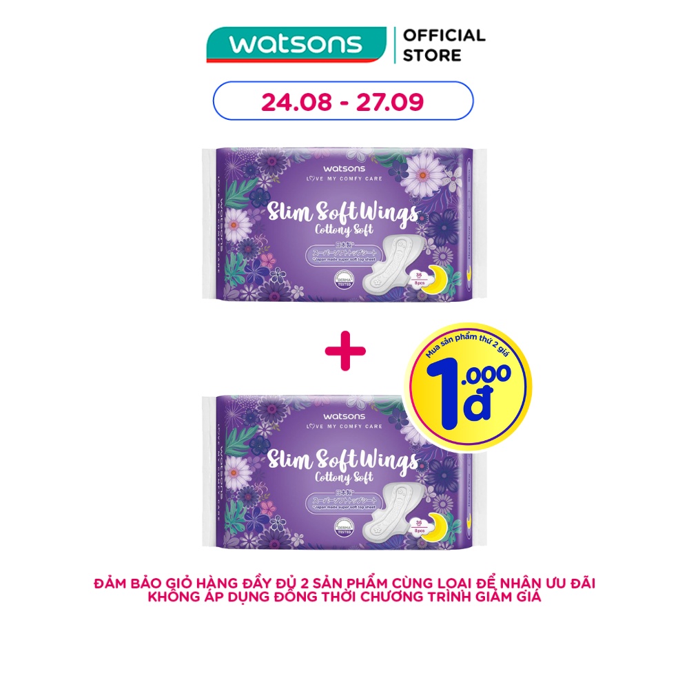 Băng Vệ Sinh Watsons Slim Soft Wing Cottony Soft 36cm Loại Mỏng Có Cánh Ngày Và Đêm 8 Miếng