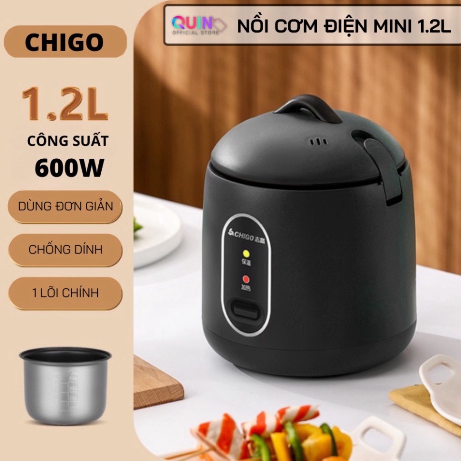 Nồi cơm điện mini tráng chống dính CHIGO, nấu hầm súp cháo đa năng, dung tích 1,2L phù hợp cho 2 người ăn