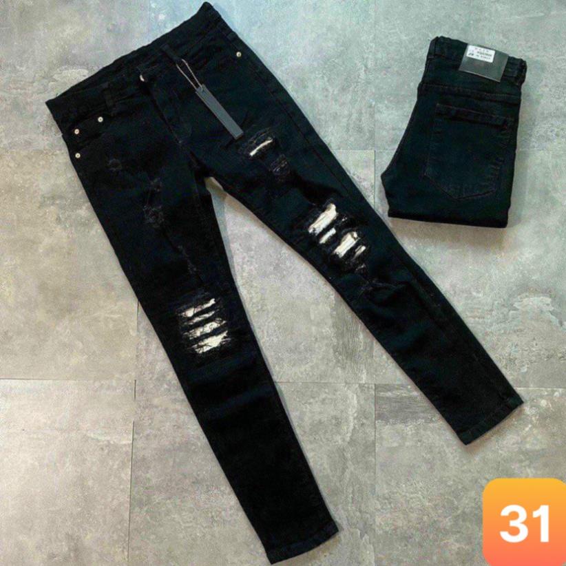 Quần Bò Nam AMIRI Đen Vá Gối Da , Quần Jean Skinny Màu Đen Gối Vá Họa Tiết Bản Cao Cấp Co Dãn 4 Chiều BN08