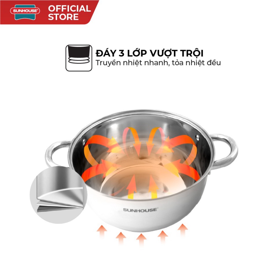 Bộ nồi Inox 3 đáy Sunhouse SH334 size 16cm-20cm-24cm | Đáy từ dùng mọi loại bếp | 3 lớp đáy, truyền nhiệt