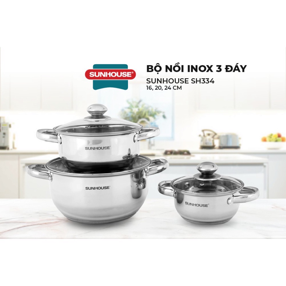 Bộ nồi Inox 3 đáy Sunhouse SH334 size 16cm-20cm-24cm | Đáy từ dùng mọi loại bếp | 3 lớp đáy, truyền nhiệt