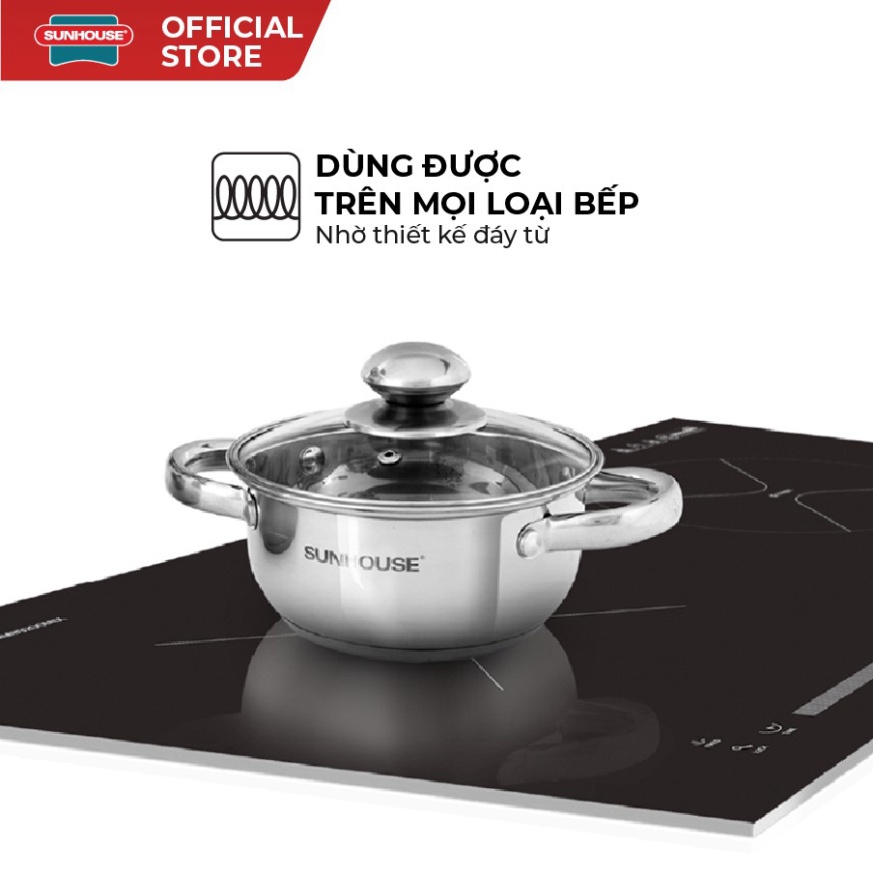 Bộ nồi Inox 3 đáy Sunhouse SH334 size 16cm-20cm-24cm | Đáy từ dùng mọi loại bếp | 3 lớp đáy, truyền nhiệt