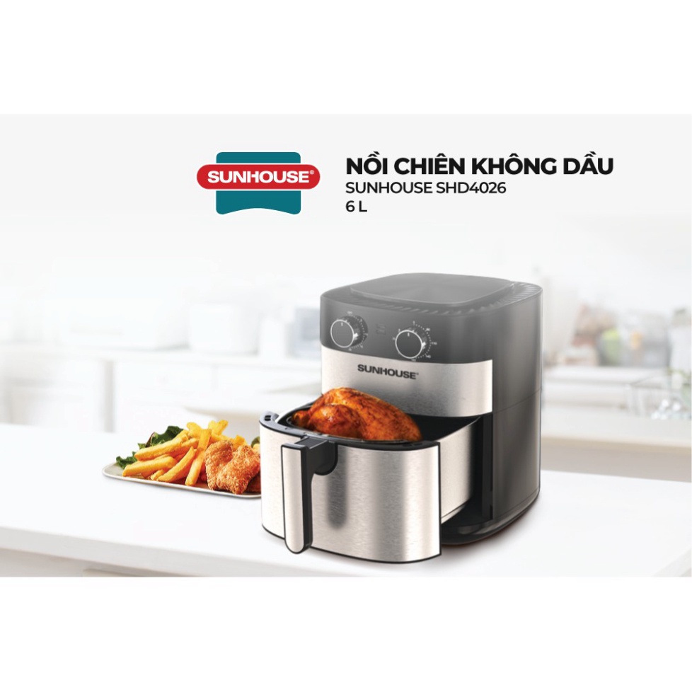 Nồi chiên không dầu 6.0L Sunhouse SHD4026 dung tích 6L | Công suất mạnh 1750W | Núm điều khiển tiện lợi |