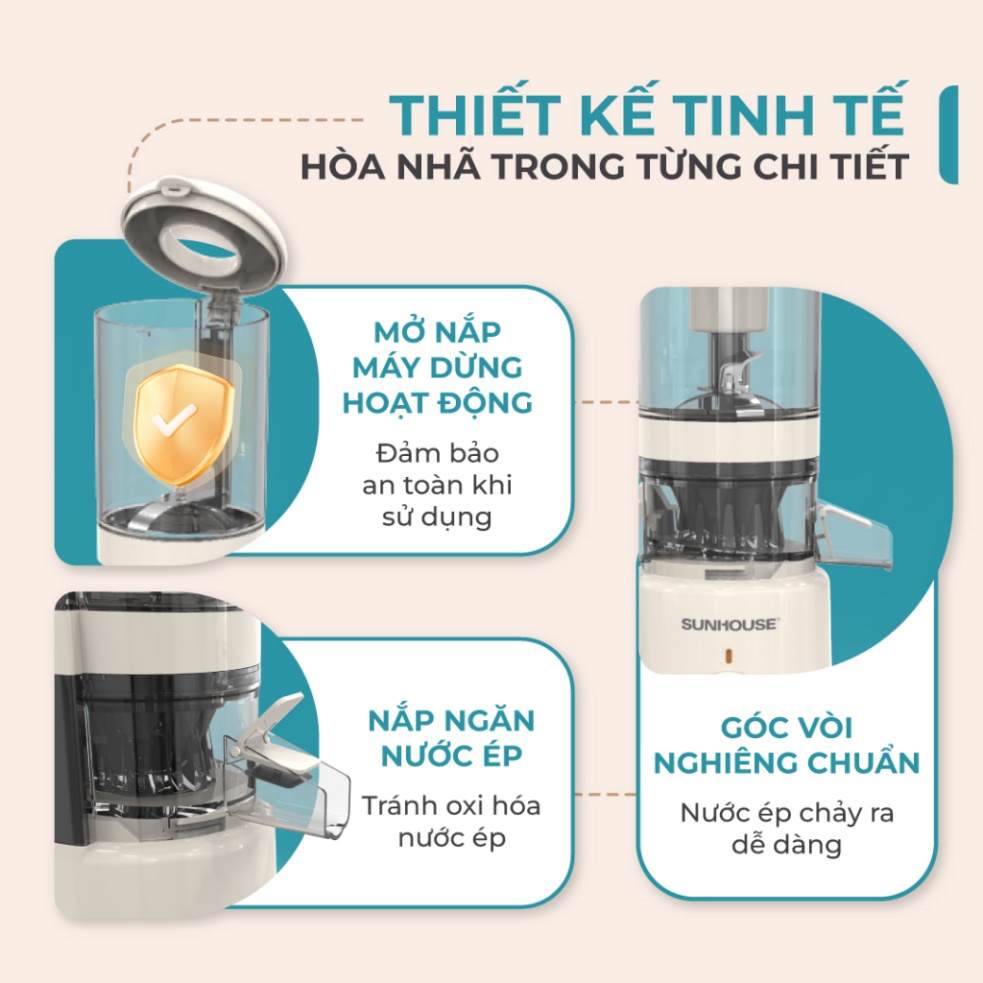Máy ép chậm Sunhouse SHD5515 ép kiệt bã làm kem cực mịn giữ nguyên dưỡng chất |Lưỡi dao cắt mạnh mẽ|Trục