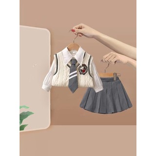 Bộ Áo sweater Không Tay Phối Chân Váy Ngắn Mỏng Thời Trang Mùa Thu Xinh Xắn Cho Bé Gái jkChildren's clothing han edition children autumn girl suits female baby sweater vests JK short skirt show thin童装韩版儿童秋女童套装女宝宝毛衣马甲JK短裙显瘦两件套潮款
