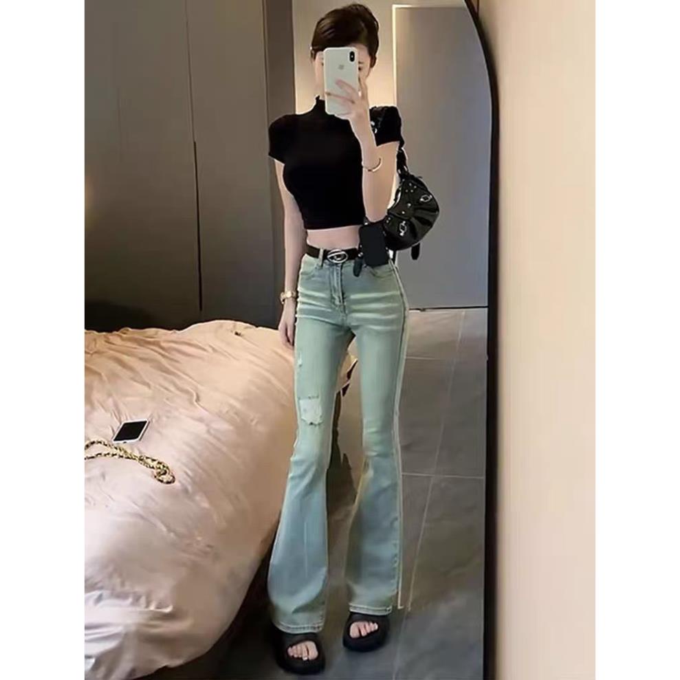 Quần Jeans Nữ Ống Loe Chất Co Giãn, Quần Bò Nữ Ống Loe Rách Đùi Chất Liệu Denim Cao Cấp QC37 | BigBuy360 - bigbuy360.vn