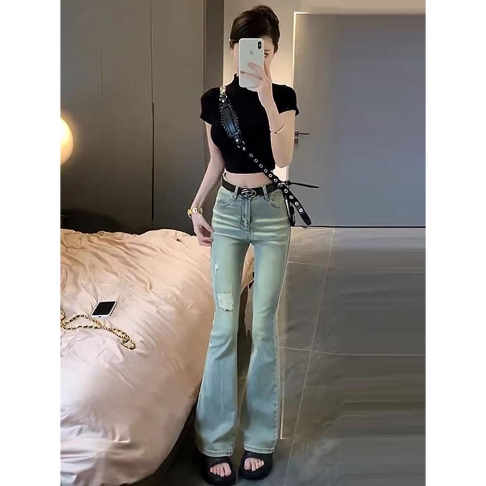 Quần Jeans Nữ Ống Loe Chất Co Giãn, Quần Bò Nữ Ống Loe Rách Đùi Chất Liệu Denim Cao Cấp QC37 | BigBuy360 - bigbuy360.vn