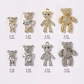 Charm gấu ôm tim bạc đá-charm gấu ôm tim vàng đá nail