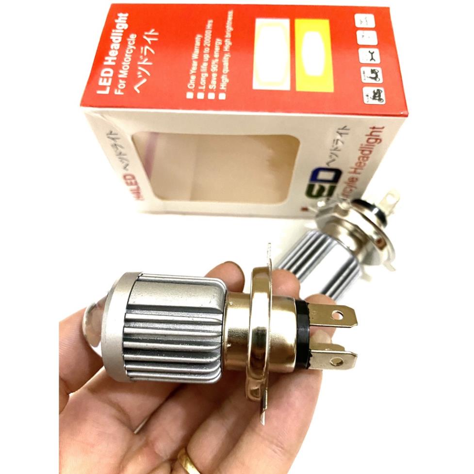 Đèn led xe máy pha bi cầu 2 màu chân H4 lắp cho ô tô xe máy đều được