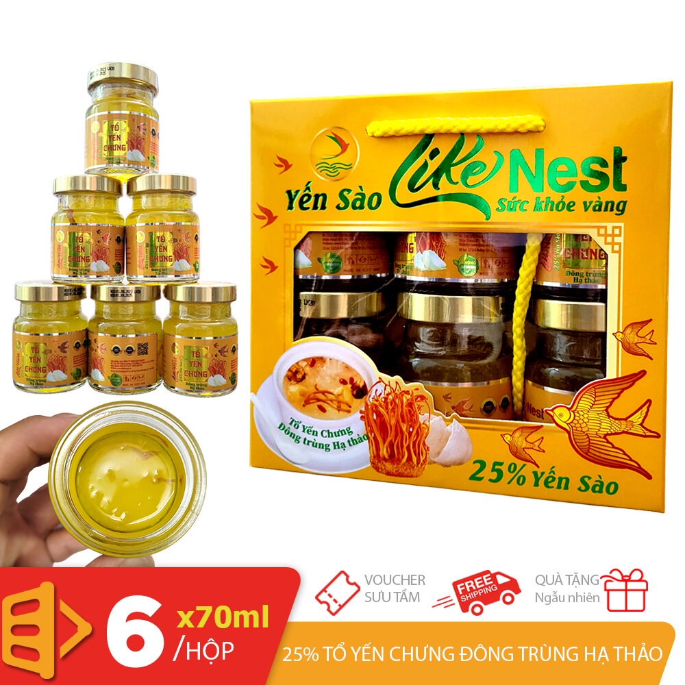 [Like Nest] Hộp xách 6 hủ x 70ml tổ yến sào 25% yến chưng đông trùng hạ thảo sức khỏe Vàng
