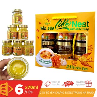 Hộp xách 6 hủ x 70ml tổ yến sào 25% yến chưng đông trùng hạ thảo sức khỏe Vàng