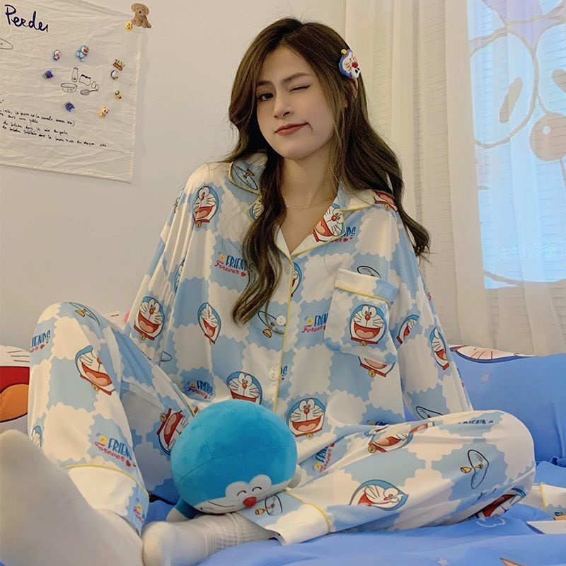Doraemon Bộ Đồ Ngủ Tay Dài In Họa Tiết Hoạt Hình Doremon Dễ Thương Thời Trang Xuân Thu Cho Nữ