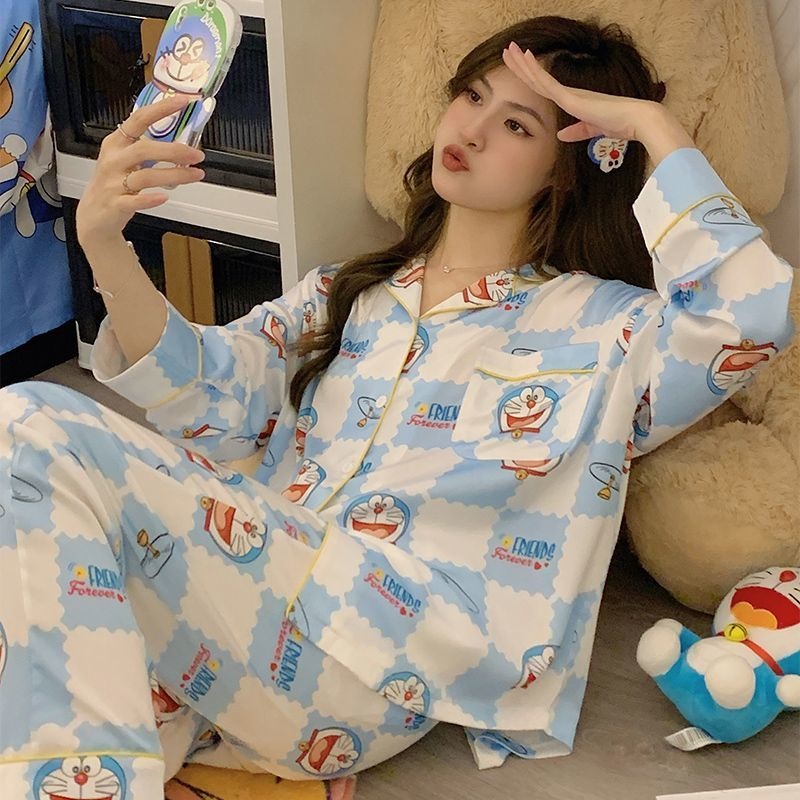 Doraemon Bộ Đồ Ngủ Tay Dài In Họa Tiết Hoạt Hình Doremon Dễ Thương Thời Trang Xuân Thu Cho Nữ