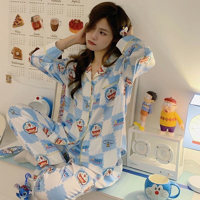 Doraemon Bộ Đồ Ngủ Tay Dài In Họa Tiết Hoạt Hình Doremon Dễ Thương Thời Trang Xuân Thu Cho Nữ