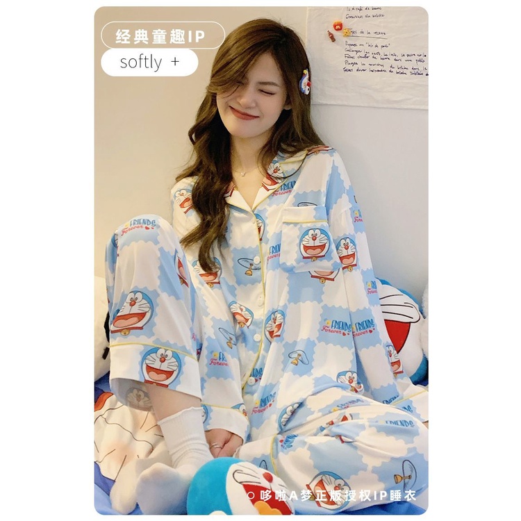 Doraemon Bộ Đồ Ngủ Tay Dài In Họa Tiết Hoạt Hình Doremon Dễ Thương Thời Trang Xuân Thu Cho Nữ