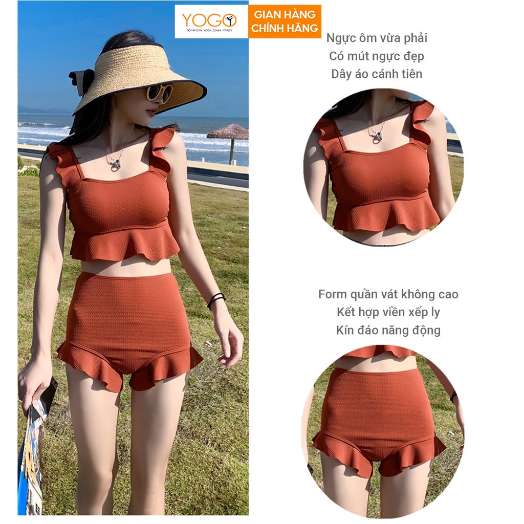 Bikini nữ đồ bơi 2 mảnh kín đáo áo croptop có đệm mút dây xếp ly cánh tiên quần viền xếp ly cạp cao giấu bụng B151 YOGO
