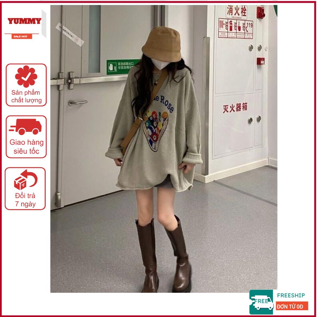 Áo Sweater Dệt Kim Dáng Rộng YUMMY In Họa Tiết, Áo Len Dệt Kim Form Giấu Quần