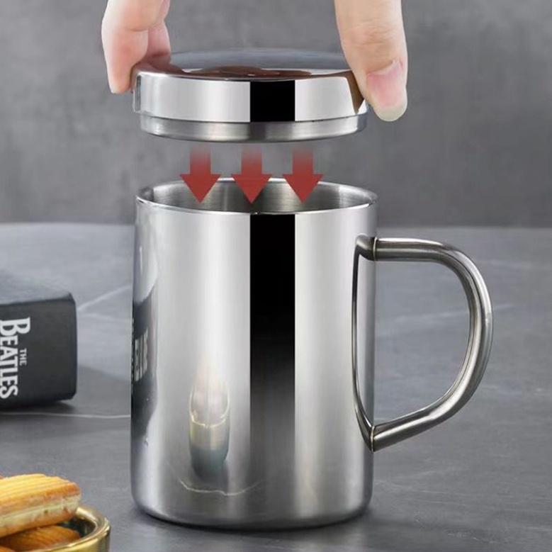 Cốc Uống coffe 2 Lớp Cách Nhiệt, Ca Bia có Nắp, Quai Cầm, giữ ấm Inox 304 Bên Bỉ Cao Cấp