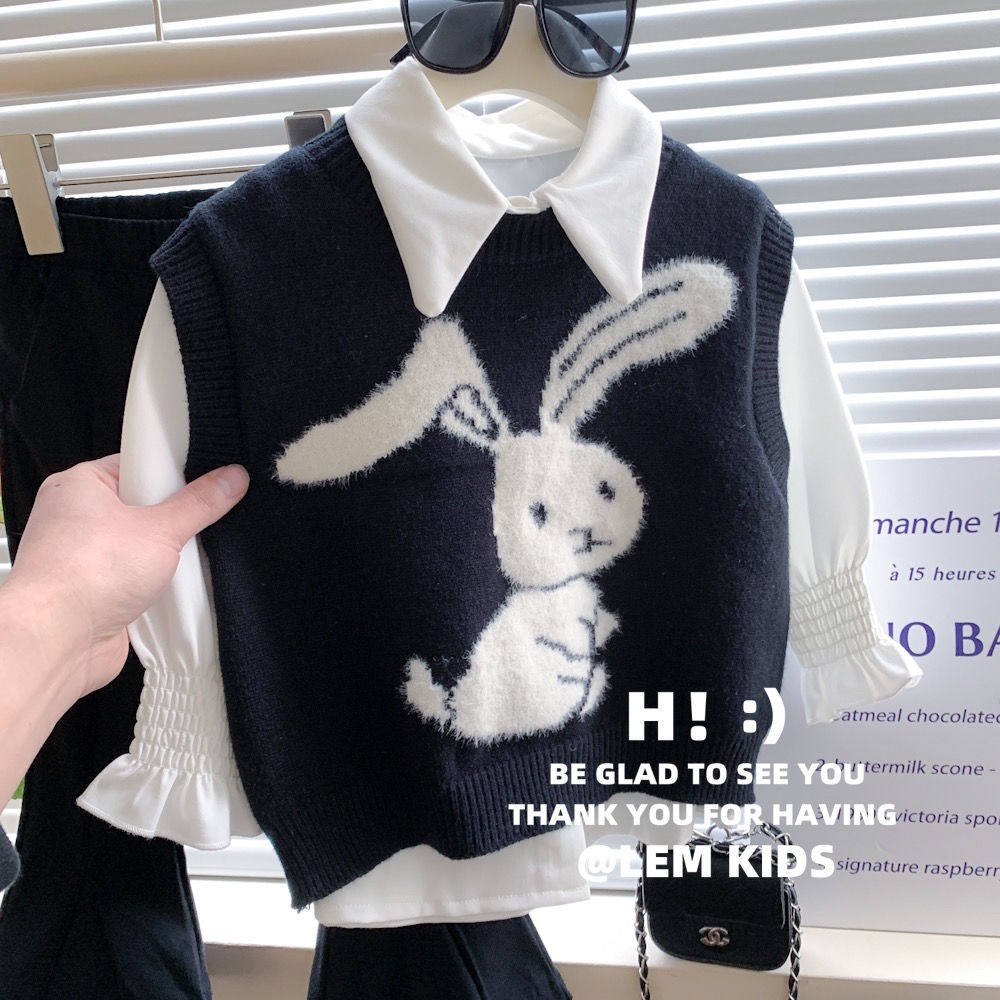 Bộ Áo Dệt Kim Sát Nách + Quần Ống Loe In Họa Tiết Hoạt Hình Thời Trang Mùa Thu 2023 Cho Bé Gái