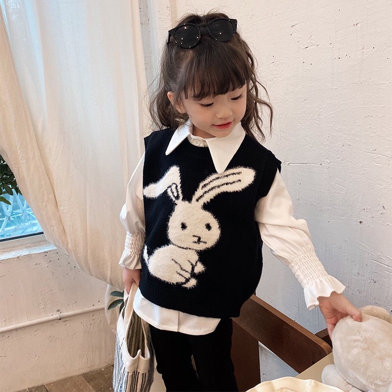 Bộ Áo Dệt Kim Sát Nách + Quần Ống Loe In Họa Tiết Hoạt Hình Thời Trang Mùa Thu 2023 Cho Bé Gái