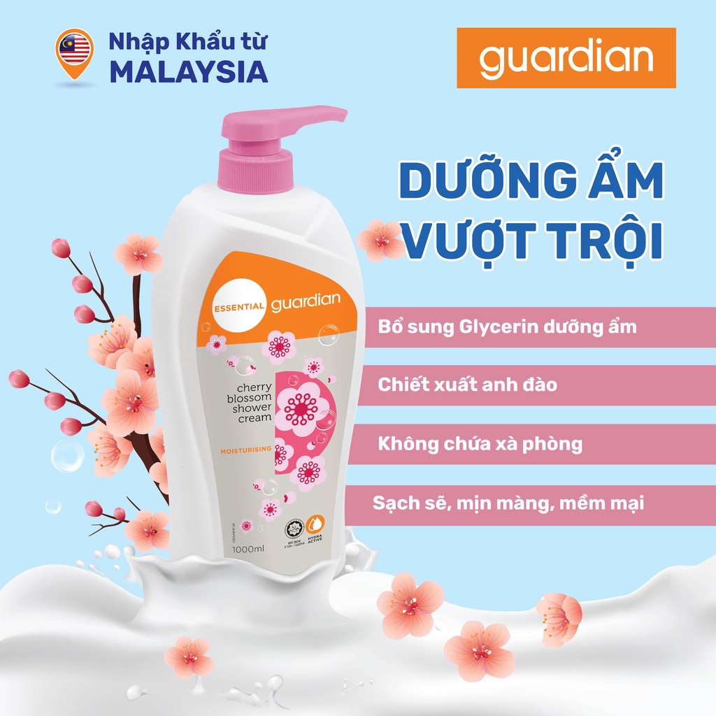 Sữa Tắm Dạng Kem Dưỡng Ẩm Guardian Essential Cherry Blossom Moisturising Shower Cream Chiết Xuất Anh Đào 1000ml