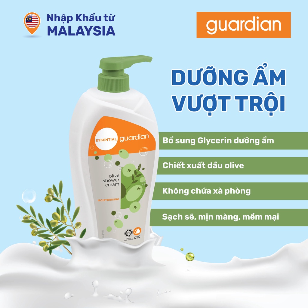 Sữa Tắm Dạng Kem Dưỡng Ẩm Guardian Essential Olive Moisturising Shower Cream Chiết Xuất Ô Liu 1000ml