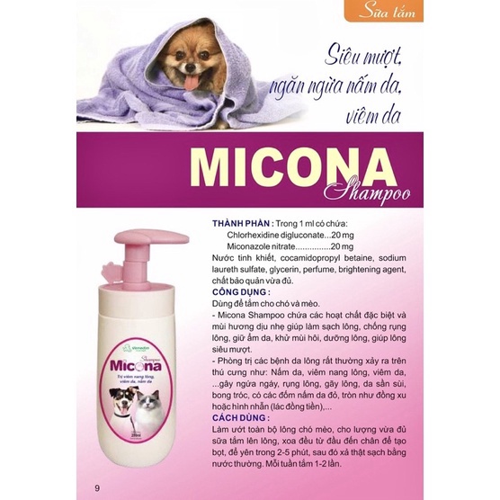 Micona Sữa tắm chó mèo ngừa nấm da, viêm da, viêm nang lông, siêu thơm 200ml