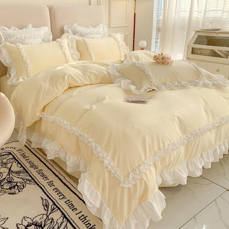 Bộ Ga Trải Giường 4 Món Bằng cotton Màu Trơn Phong Cách Công Chúa Hàn Quốc