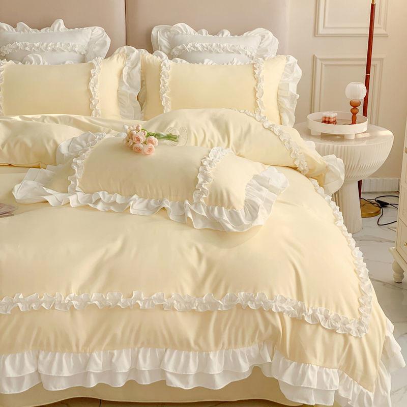 Bộ Ga Trải Giường 4 Món Bằng cotton Màu Trơn Phong Cách Công Chúa Hàn Quốc