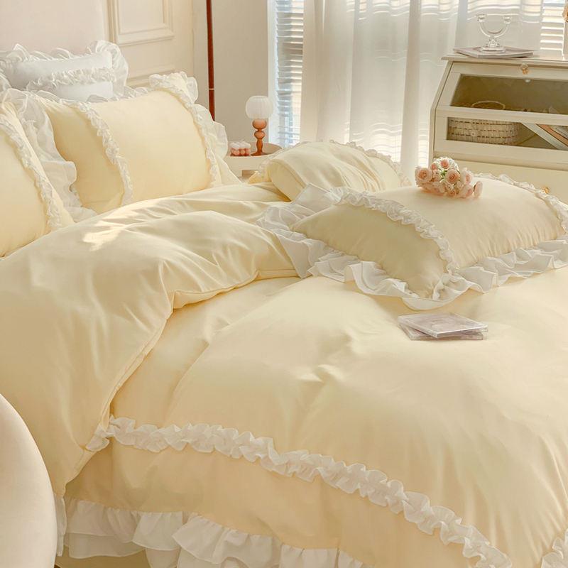 Bộ Ga Trải Giường 4 Món Bằng cotton Màu Trơn Phong Cách Công Chúa Hàn Quốc