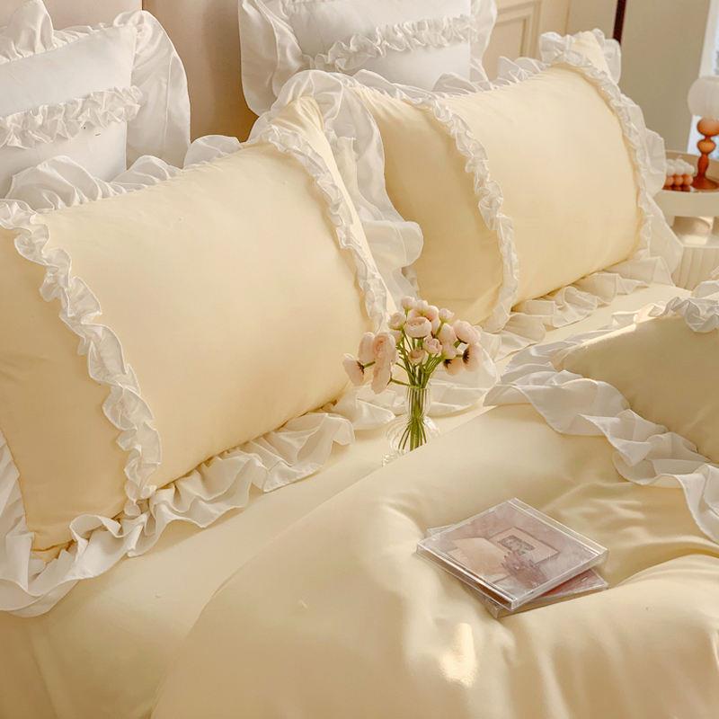 Bộ Ga Trải Giường 4 Món Bằng cotton Màu Trơn Phong Cách Công Chúa Hàn Quốc