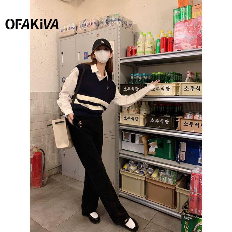 Áo sweater Dệt Kim Cổ Chữ v Màu Sắc Tương Phản Thời Trang Mùa Thu Cho Nữ