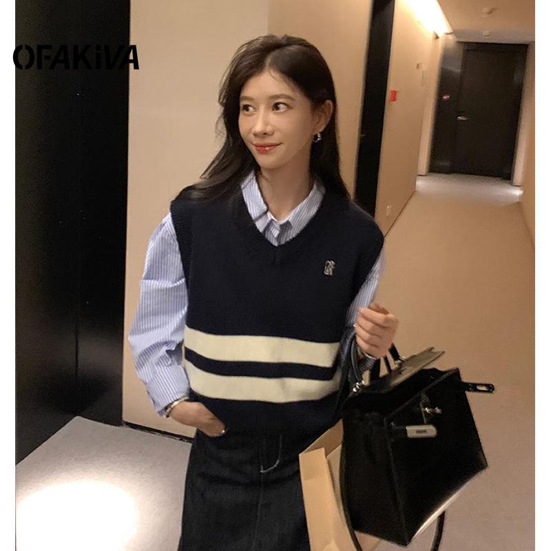 Áo sweater Dệt Kim Cổ Chữ v Màu Sắc Tương Phản Thời Trang Mùa Thu Cho Nữ