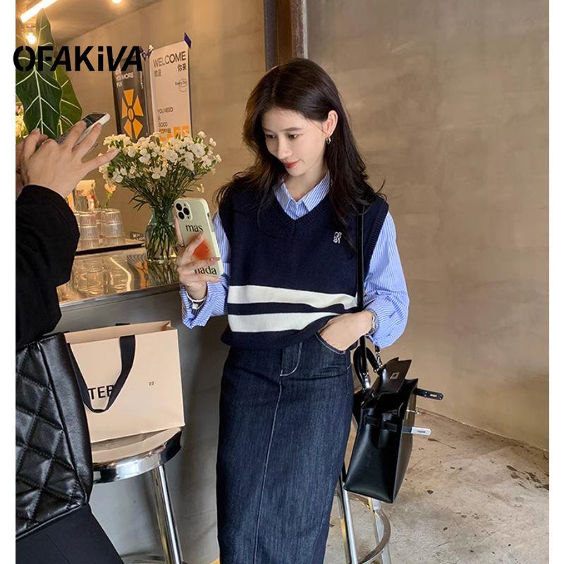 Áo sweater Dệt Kim Cổ Chữ v Màu Sắc Tương Phản Thời Trang Mùa Thu Cho Nữ