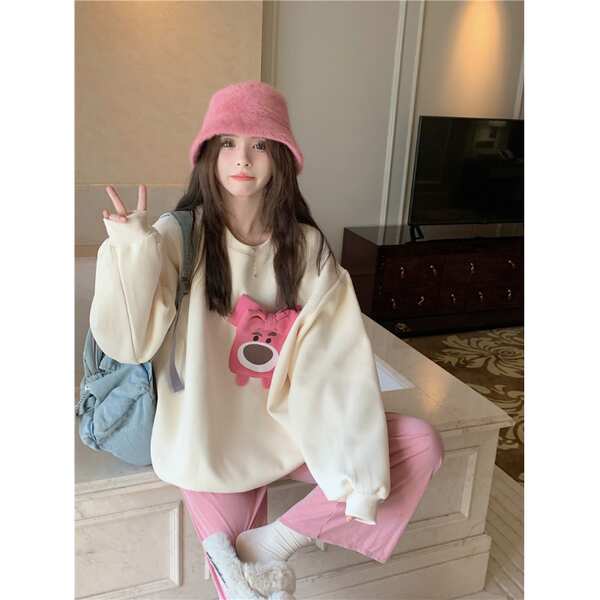 Áo Sweater Dáng Rộng In Hình Gấu Và Dâu Tây Dễ Thương Thời Trang Năm 2023