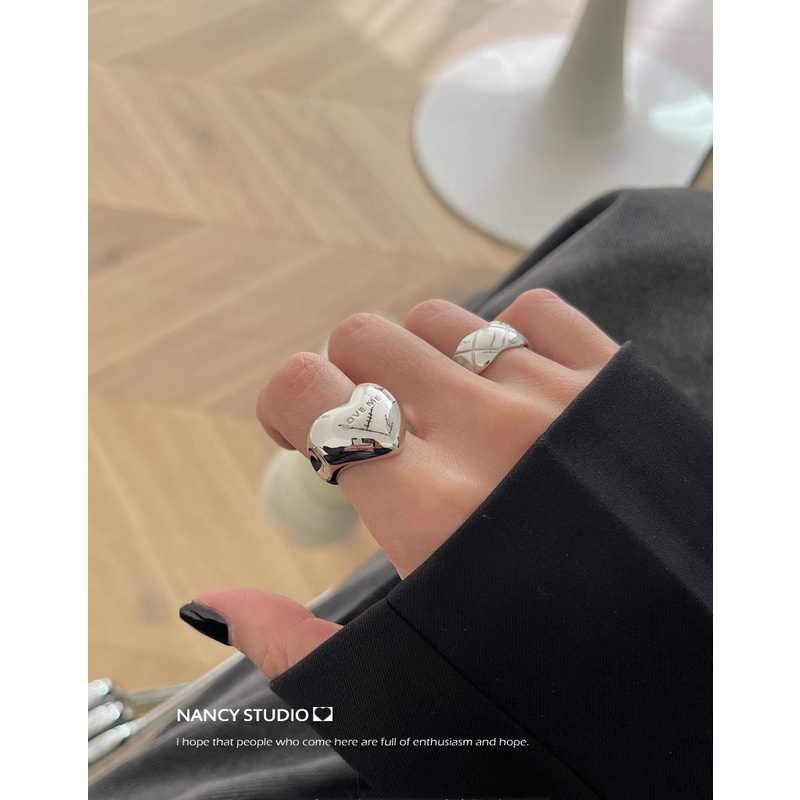 Nhẫn Hở Mạ Bạc 925 Hình Trái Tim Ba Chiều Phong Cách hip hop Hàn Quốc Thời Trang Cho Nữ