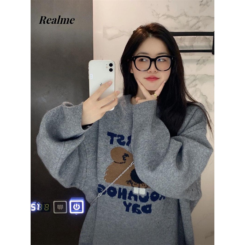 Áo sweater Dệt Kim Chui Đầu Dáng Rộng In Hoạt Hình Thời Trang Thu Đông 2023 Cho Nữ