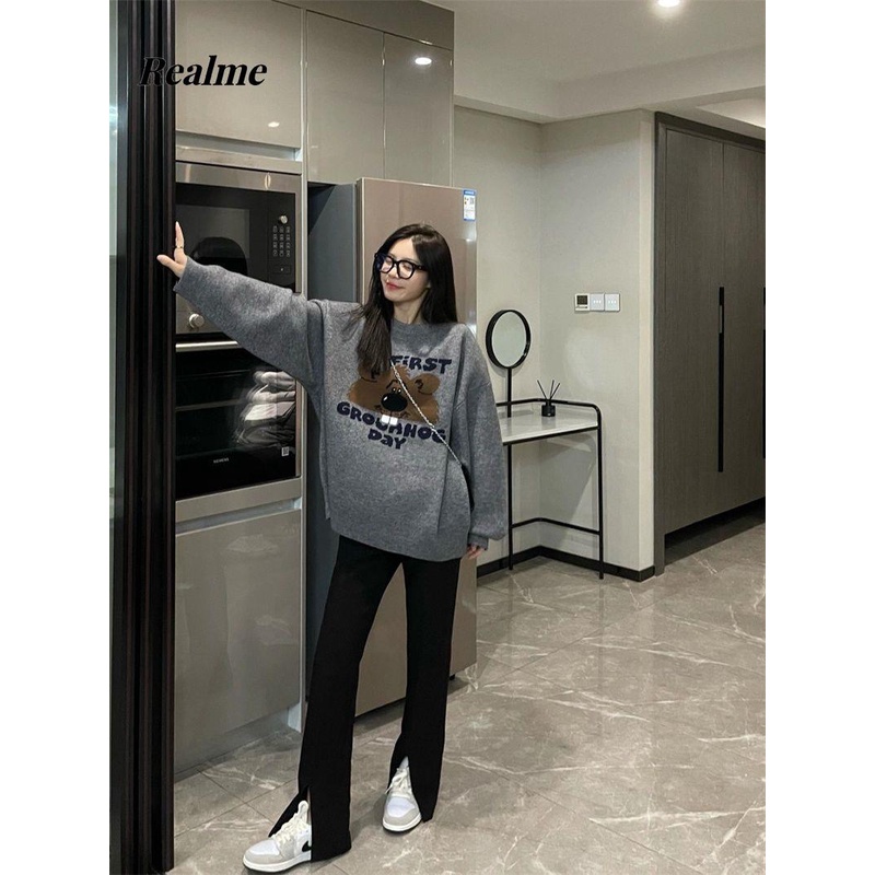 Áo sweater Dệt Kim Chui Đầu Dáng Rộng In Hoạt Hình Thời Trang Thu Đông 2023 Cho Nữ