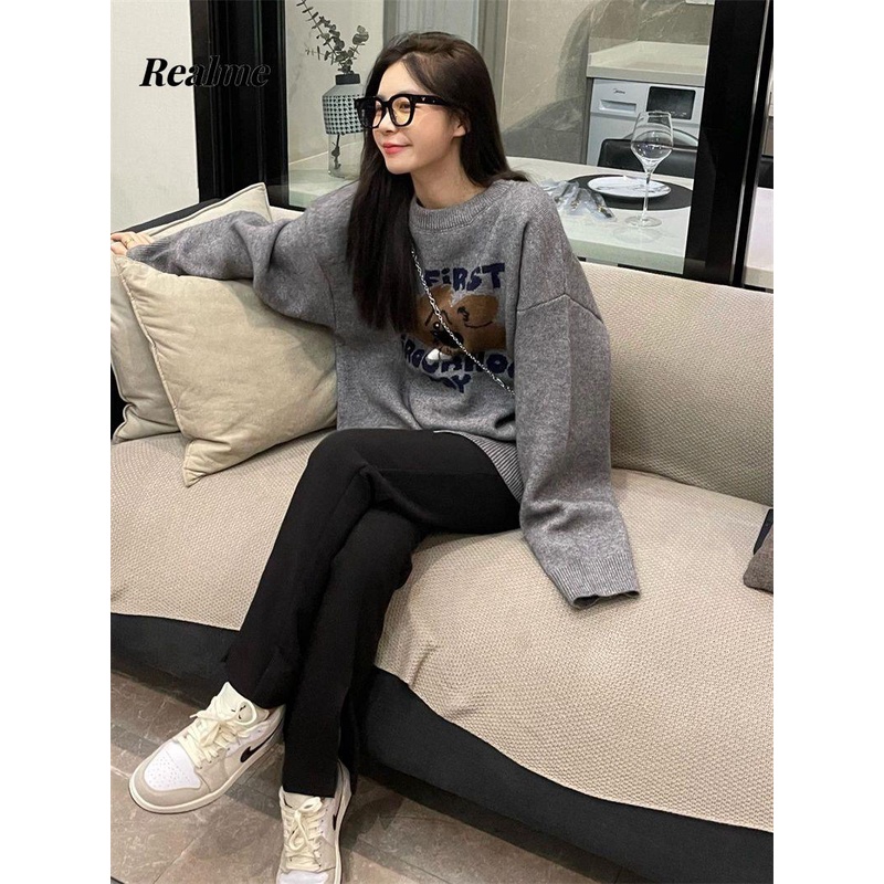 Áo sweater Dệt Kim Chui Đầu Dáng Rộng In Hoạt Hình Thời Trang Thu Đông 2023 Cho Nữ