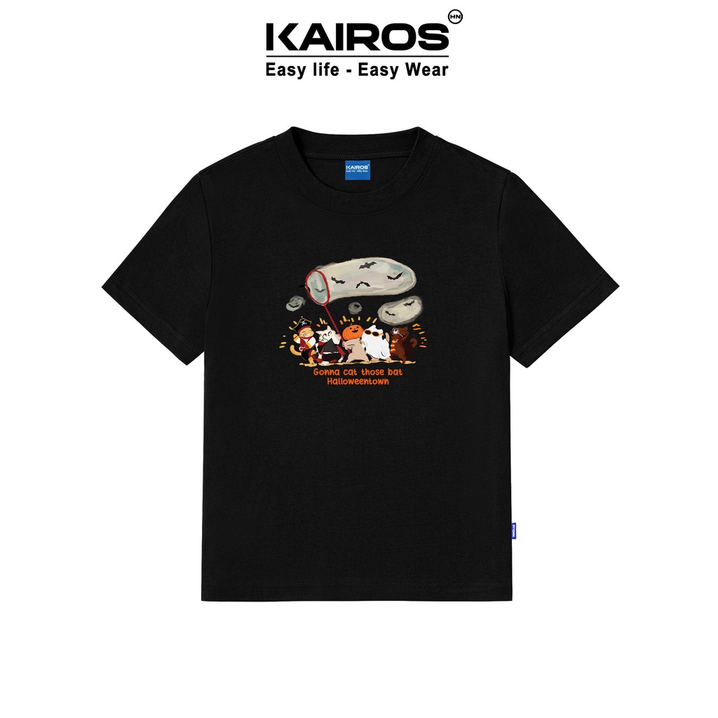 Áo phông baby tee Kairos form fit ôm body tay ngắn cổ tròn chất cotton 100% co dãn 2 chiều mẫu halloween mèo bắt dơi