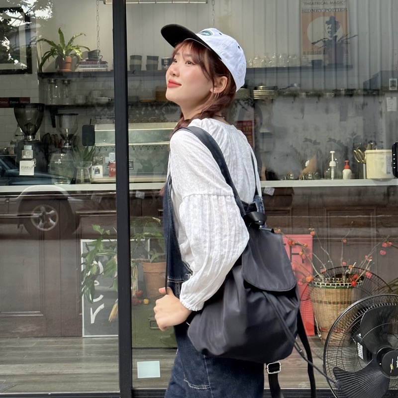 JONA BACKPACK Balo mini vải dù đơn giản Hàn quốc có nắp đậy dây rút cá tính dành cho nữ