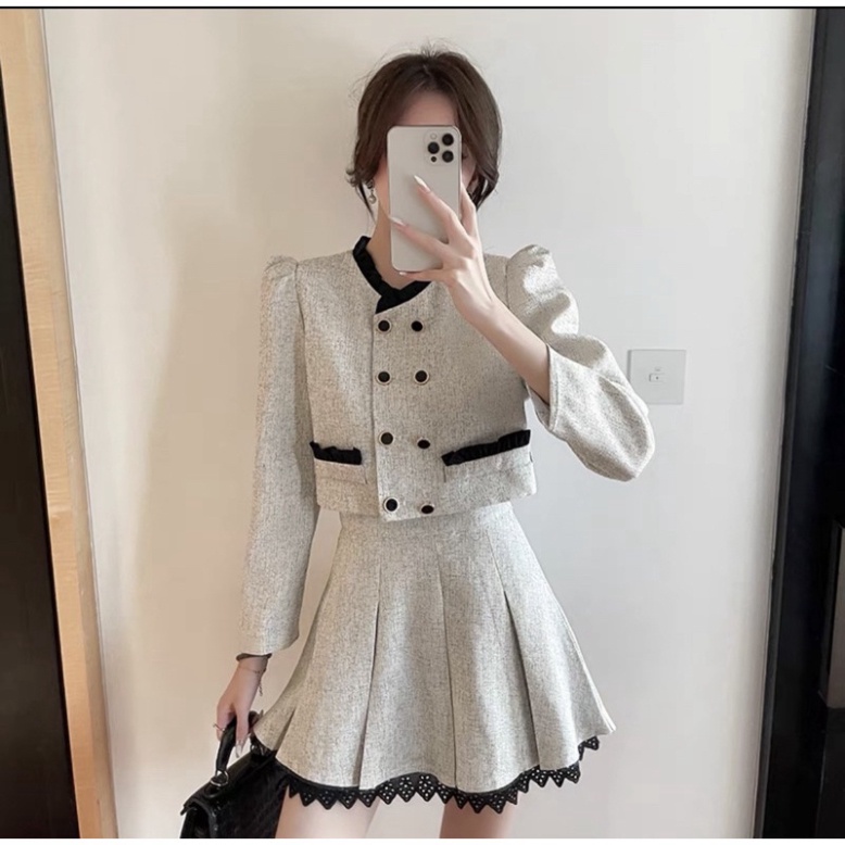 Set Dạ Tweed áo khoác bên ngoài Lửng Viền Ren phần chân váy Xoè phong thái korea Siêu Xinh_ Hàng Order QCCC | BigBuy360 - bigbuy360.vn