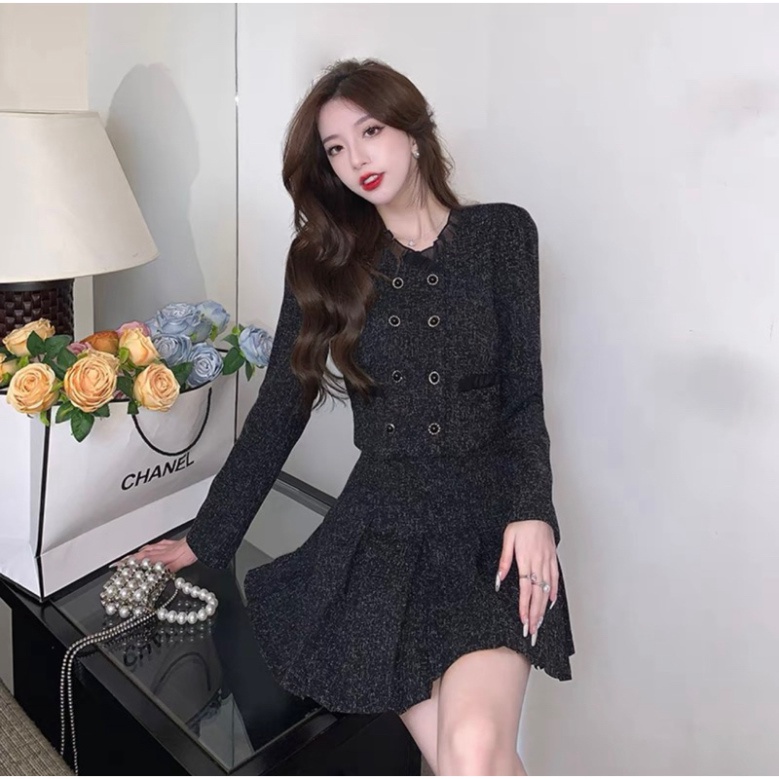 Set Dạ Tweed áo khoác bên ngoài Lửng Viền Ren phần chân váy Xoè phong thái korea Siêu Xinh_ Hàng Order QCCC | BigBuy360 - bigbuy360.vn