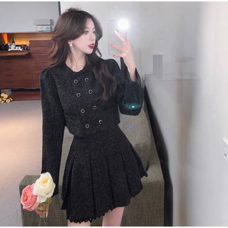 Set Dạ Tweed áo khoác bên ngoài Lửng Viền Ren phần chân váy Xoè phong thái korea Siêu Xinh_ Hàng Order QCCC | BigBuy360 - bigbuy360.vn