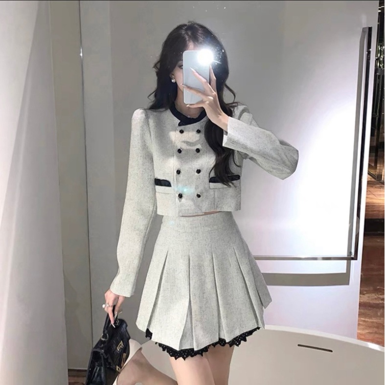 Set Dạ Tweed áo khoác bên ngoài Lửng Viền Ren phần chân váy Xoè phong thái korea Siêu Xinh_ Hàng Order QCCC | BigBuy360 - bigbuy360.vn