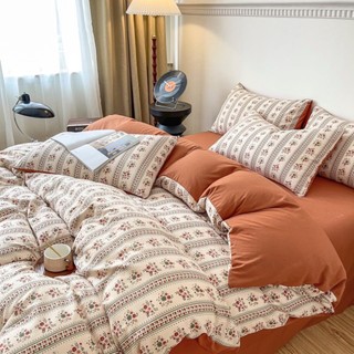 Bộ chăn ga gối cotton đũi hoa dây, chăn ga gối cotton đũi phong cách hàn quốc, họa tiết sắc nét vải mềm mịn