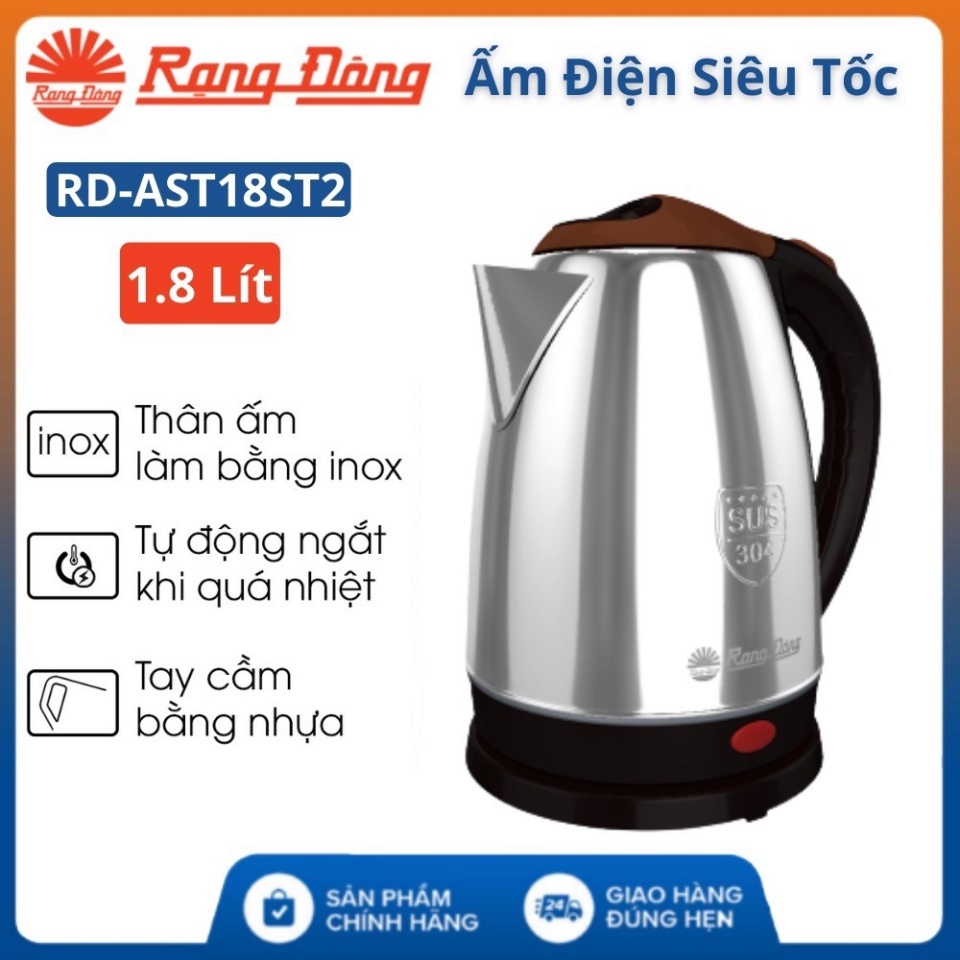 Ấm điện siêu tốc Rạng Đông RD-AST18ST2, dung tích 1.8 lít, Inox 304 cao cấp, cam kết hàng chính hãng