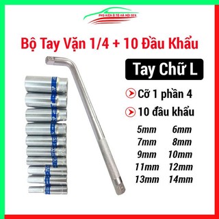 Combo 10 đầu khẩu vặn ốc dùng tay cỡ 1 phần 4 TOP loại đẹp từ 5- 14mm kèm tay vặn khẩu dạng chữ L