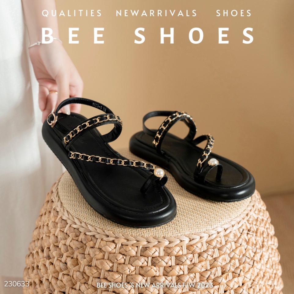 27 SANDAL NỮ BEESHOES MŨI TRÒN - SANDAL NỮ MŨI TRÒN ĐẾ BÁNH MÌ 2 PHÂN SẴN MÀU KEM ĐEN 230633