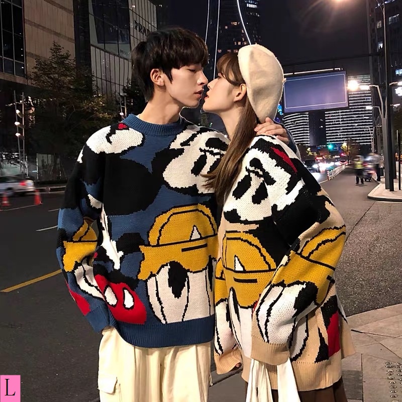 Mới Áo sweater Dày Dặn Dáng Rộng In Họa Tiết Hoạt Hình Phong Cách Hàn Quốc Thời Trang Thu Đông Cho Nam